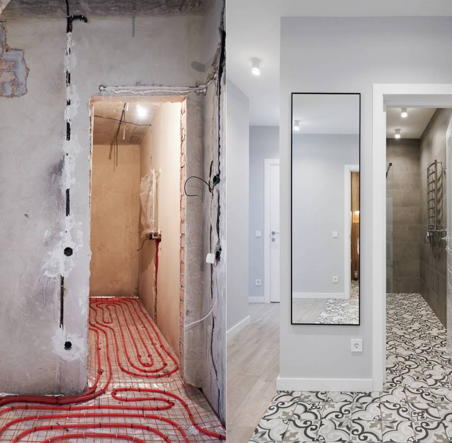 Old apartment with brick walls and new renovated flat with doors, mirror and stylish design in white tones. Inferior of apartment before and after renovation.